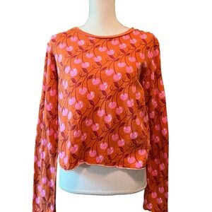 Maeve By Anthropologie Orange and Pink Cherry Print Long Sleeve Top Size Small